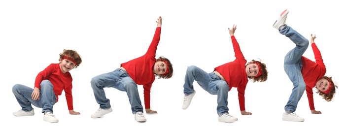 Child dancing on white background, collage of portraits