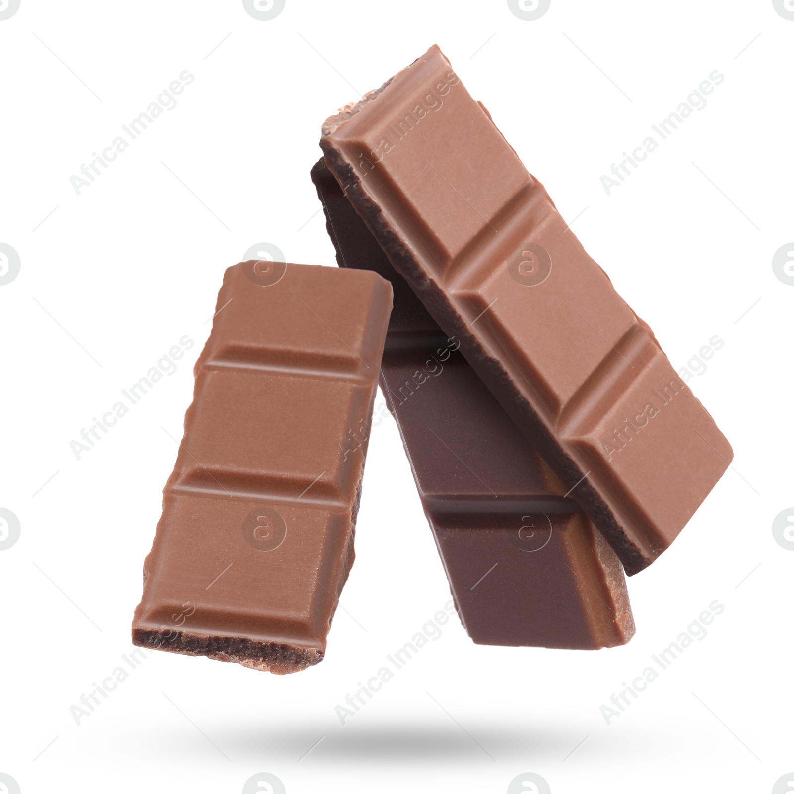 Image of Pieces of sweet chocolate falling on white background