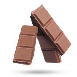 Image of Pieces of sweet chocolate falling on white background