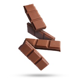 Image of Pieces of sweet chocolate falling on white background