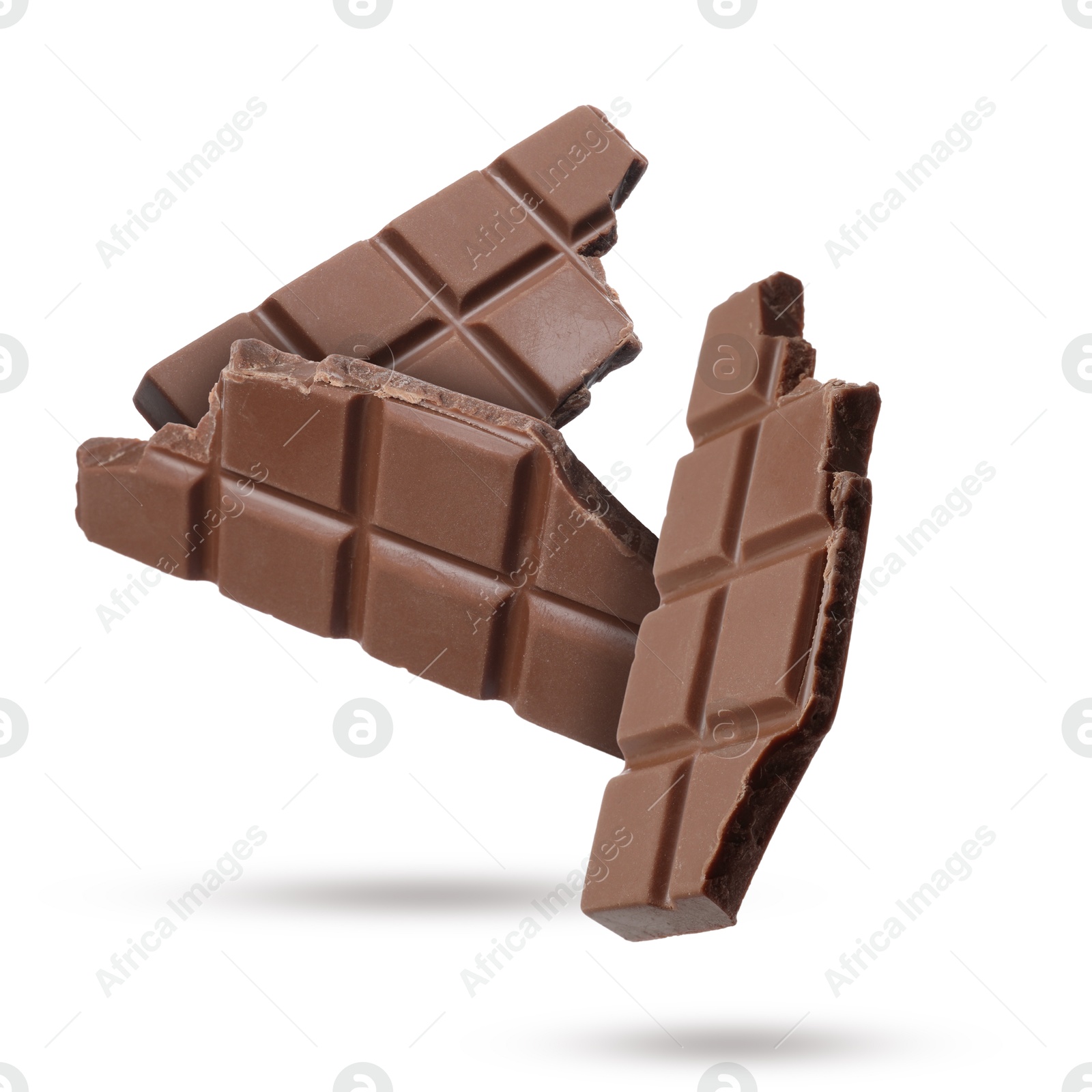 Image of Pieces of sweet chocolate falling on white background