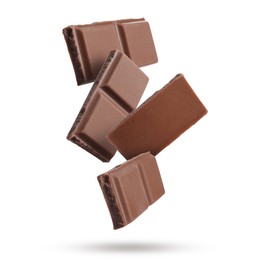 Image of Pieces of sweet chocolate falling on white background