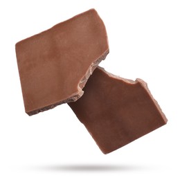 Image of Pieces of sweet chocolate falling on white background