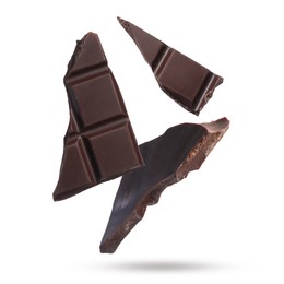 Image of Pieces of sweet chocolate falling on white background