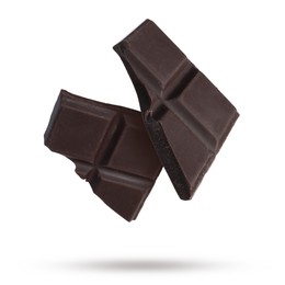 Image of Pieces of sweet chocolate falling on white background