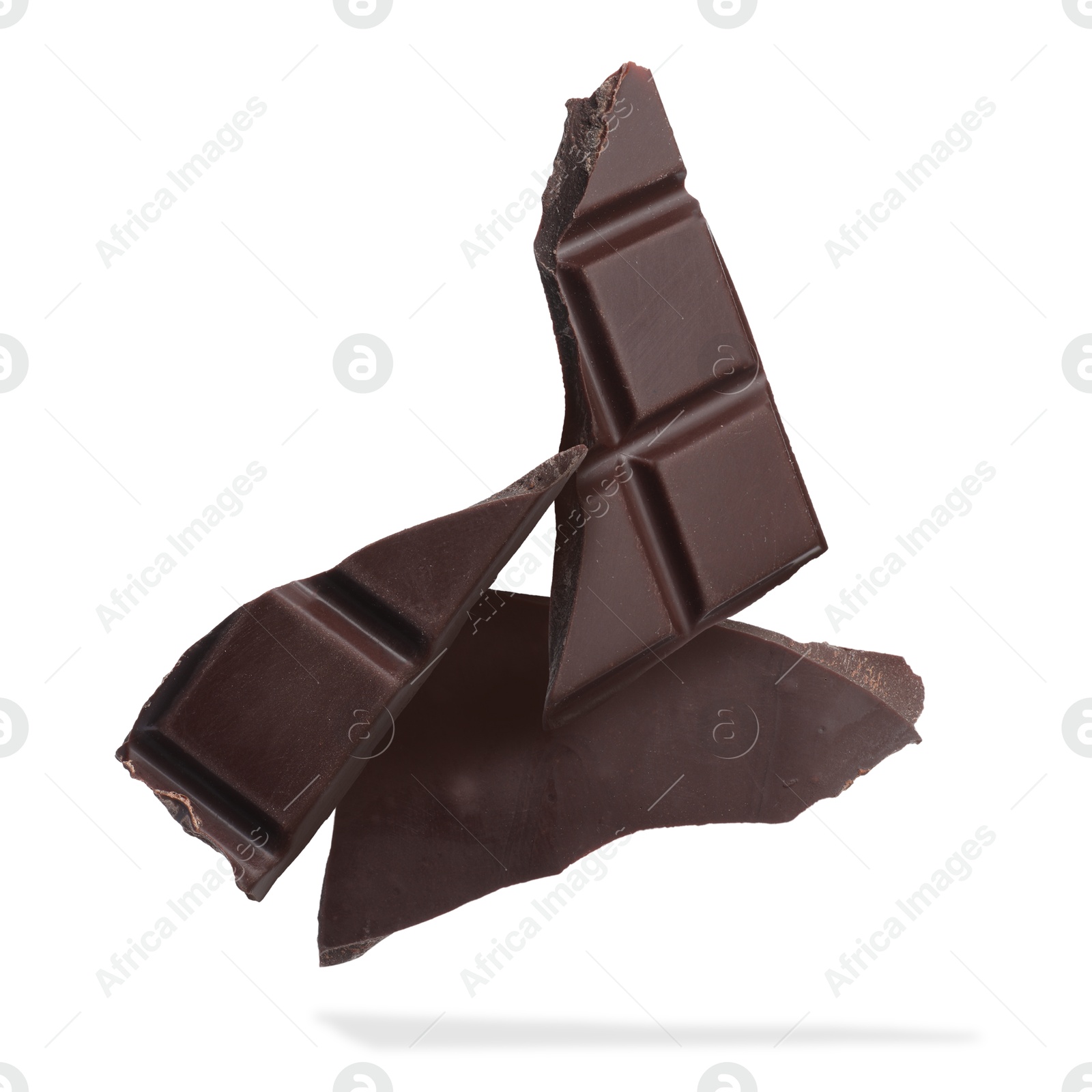 Image of Pieces of sweet chocolate falling on white background