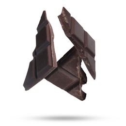 Image of Pieces of sweet chocolate falling on white background