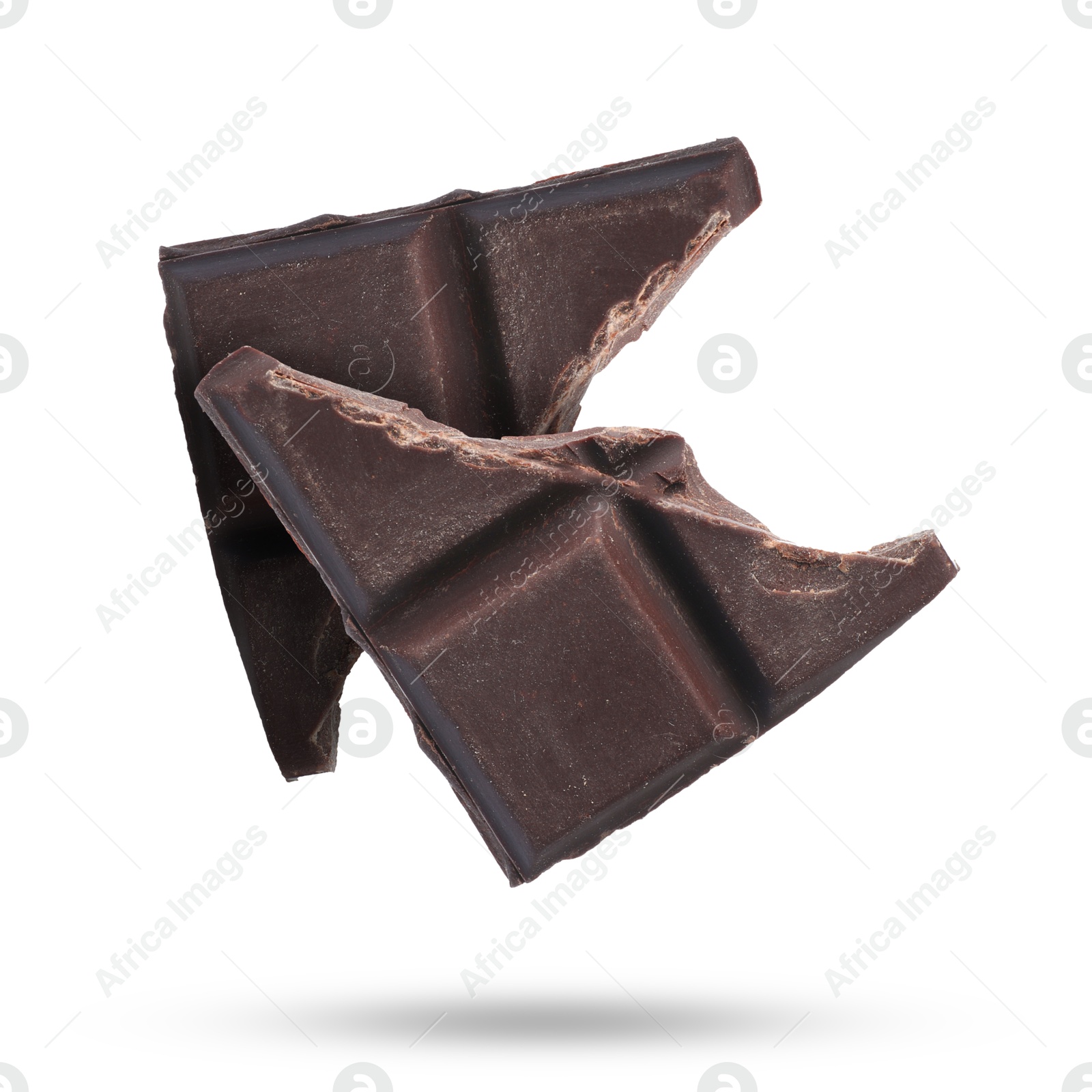 Image of Pieces of sweet chocolate falling on white background