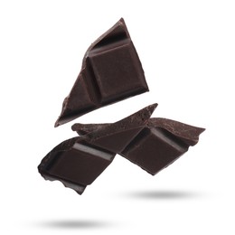 Image of Pieces of sweet chocolate falling on white background