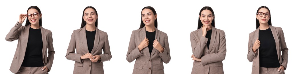 Beautiful businesswoman in suit on white background, collage of portraits