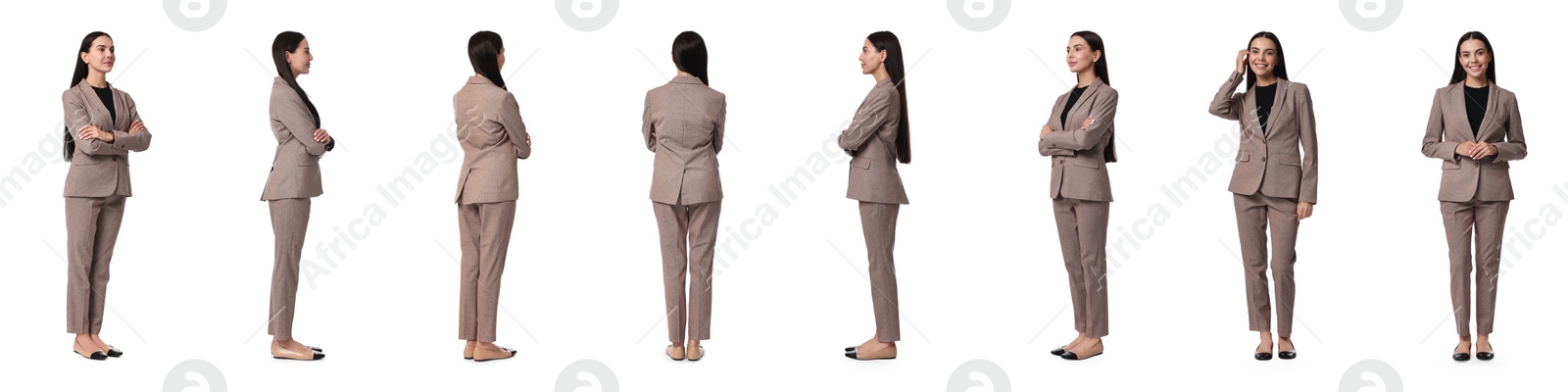 Image of Beautiful businesswoman in suit on white background, collage of portraits