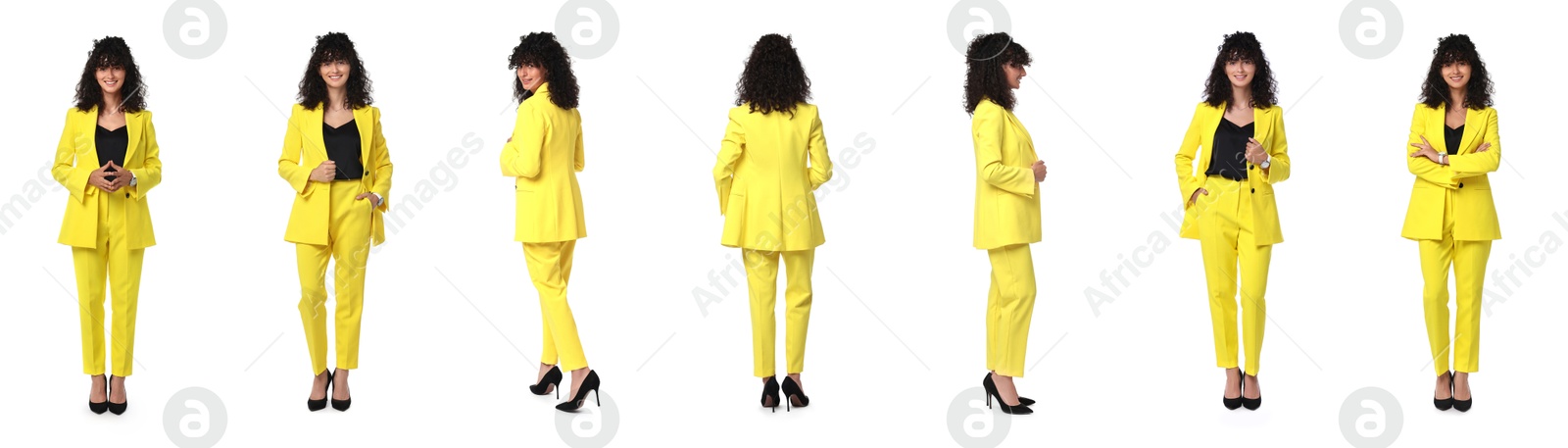 Image of Beautiful businesswoman in suit on white background, collage of portraits