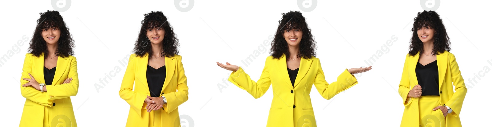 Image of Beautiful businesswoman in suit on white background, collage of portraits