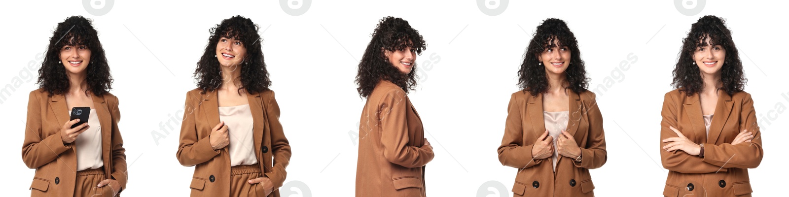 Image of Beautiful businesswoman in suit on white background, collage of portraits