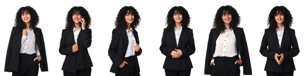 Beautiful businesswoman in suit on white background, collage of portraits