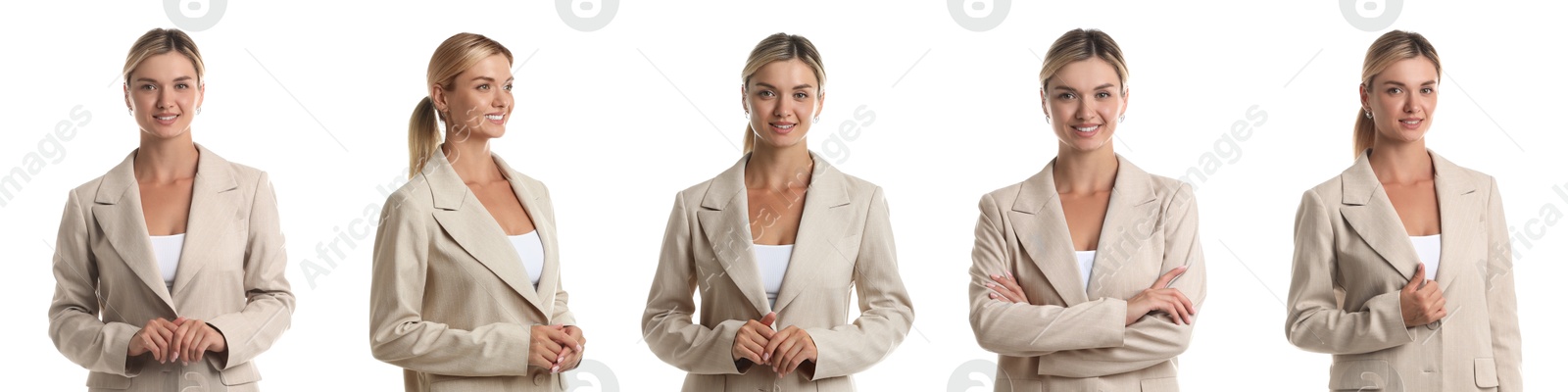 Image of Beautiful businesswoman in suit on white background, collage of portraits