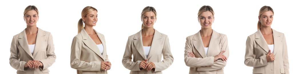 Image of Beautiful businesswoman in suit on white background, collage of portraits