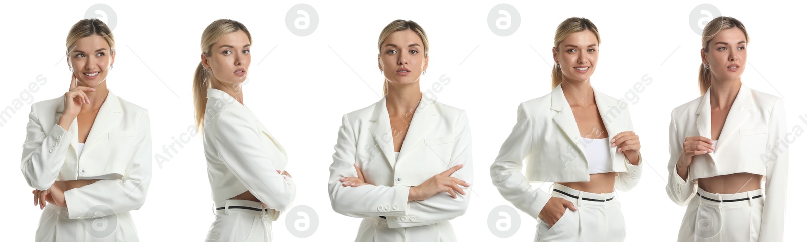 Image of Beautiful businesswoman in suit on white background, collage of portraits