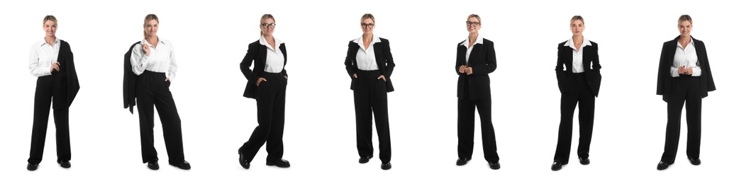 Beautiful businesswoman in suit on white background, collage of portraits