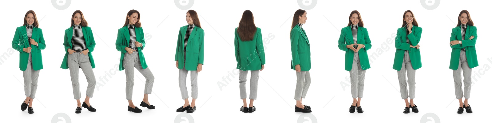 Image of Beautiful businesswoman in suit on white background, collage of portraits