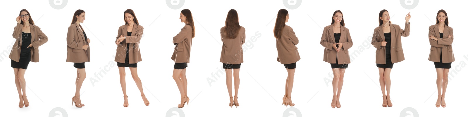 Image of Beautiful businesswoman in suit on white background, collage of portraits