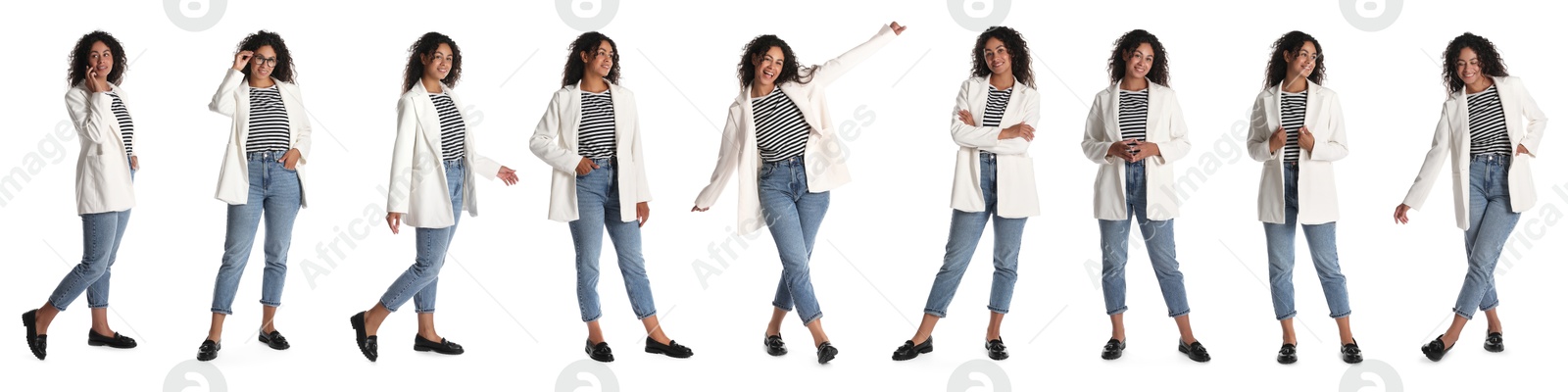 Image of Beautiful businesswoman in suit on white background, collage of portraits