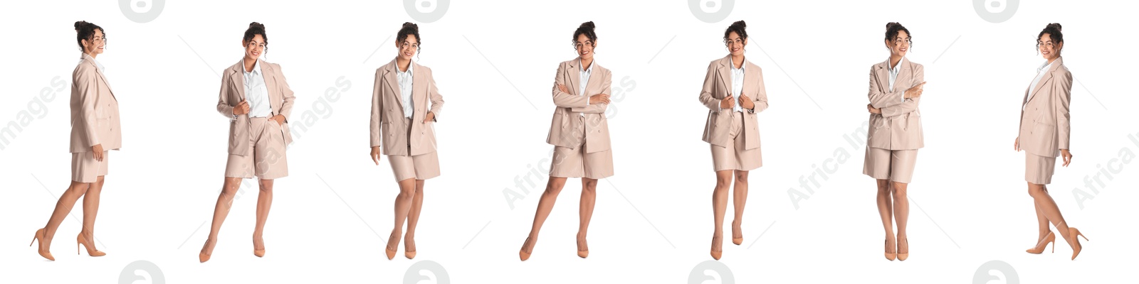 Image of Beautiful businesswoman in suit on white background, collage of portraits