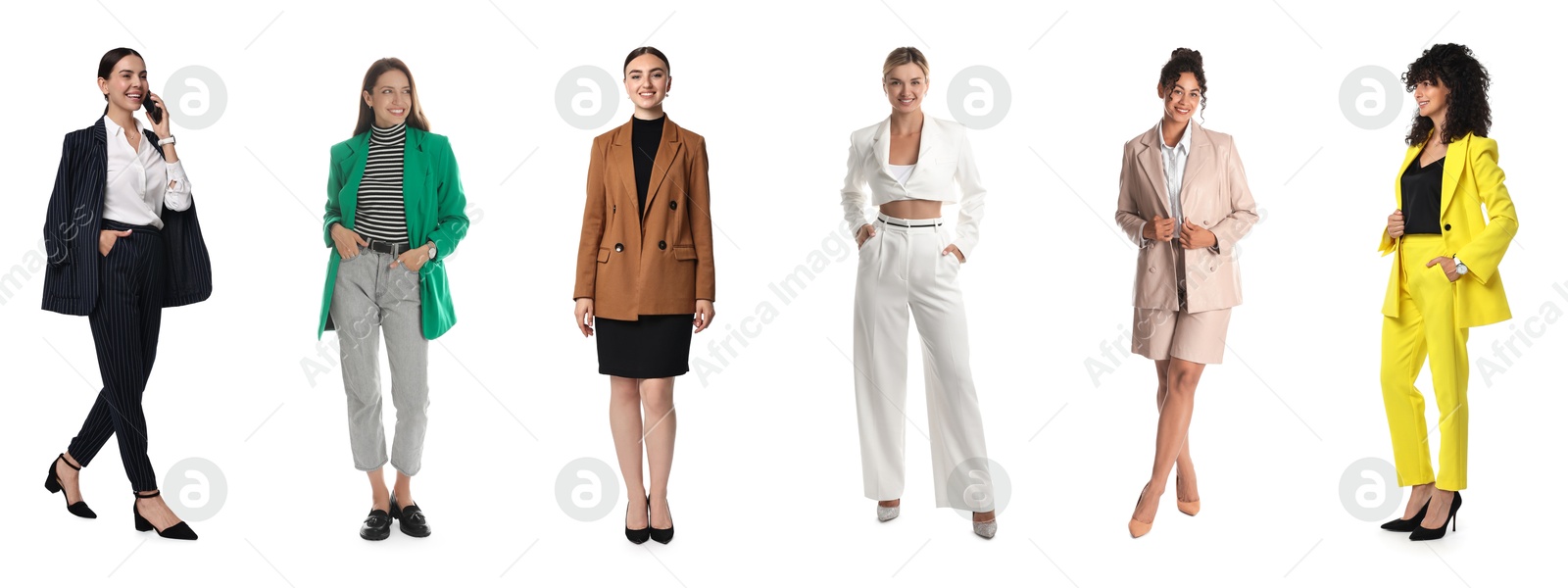 Image of Beautiful businesswomen in suits on white background, collection of portraits