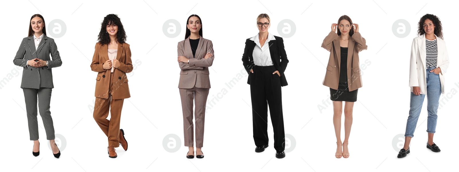 Image of Beautiful businesswomen in suits on white background, collection of portraits