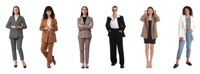 Beautiful businesswomen in suits on white background, collection of portraits