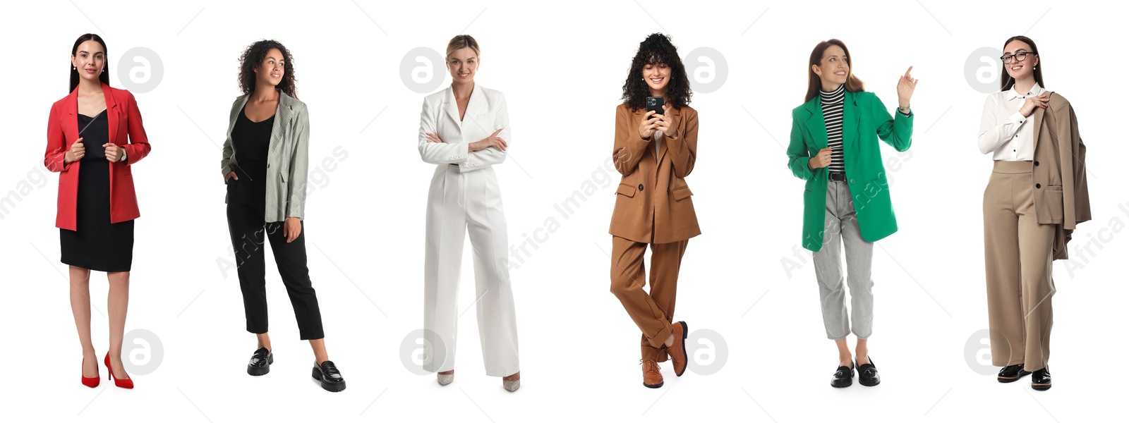 Image of Beautiful businesswomen in suits on white background, collection of portraits