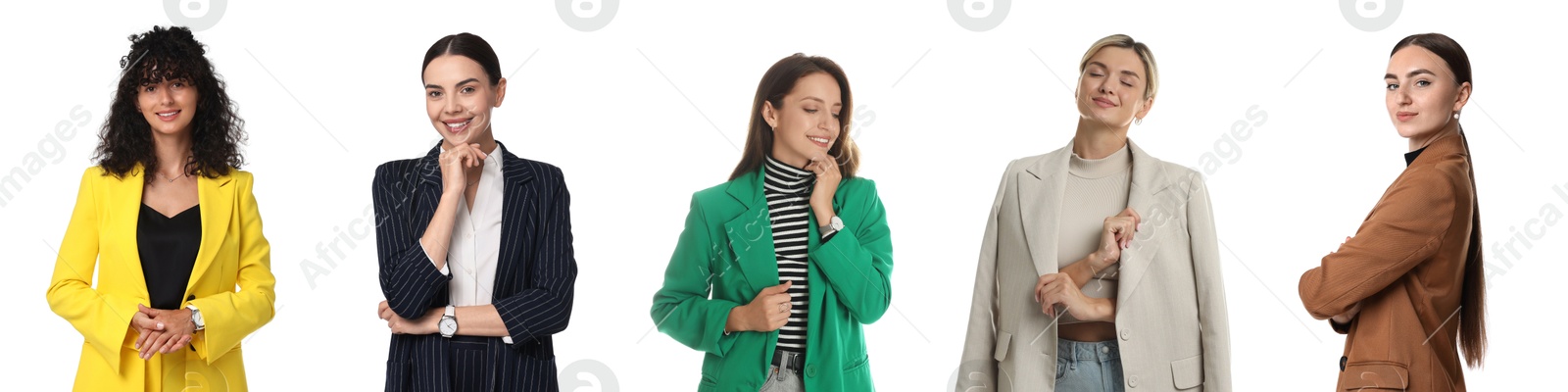 Image of Beautiful businesswomen in suits on white background, collection of portraits