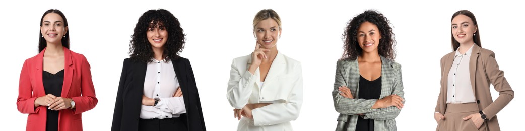 Image of Beautiful businesswomen in suits on white background, collection of portraits