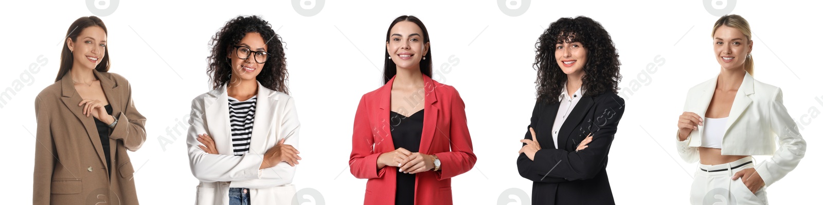 Image of Beautiful businesswomen in suits on white background, collection of portraits