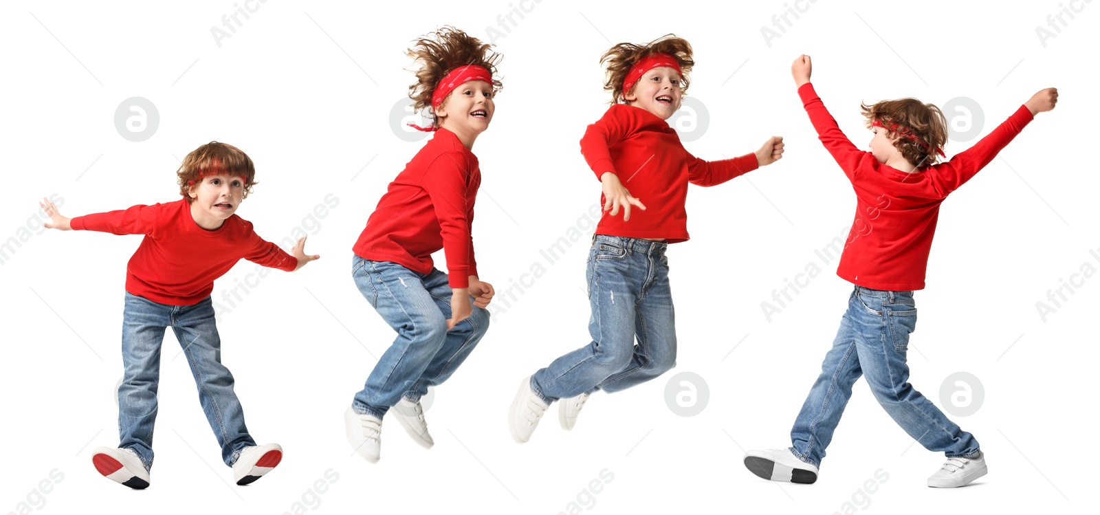 Image of Child dancing on white background, collage of portraits