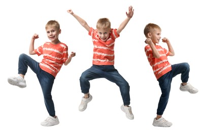 Image of Child dancing on white background, collage of portraits