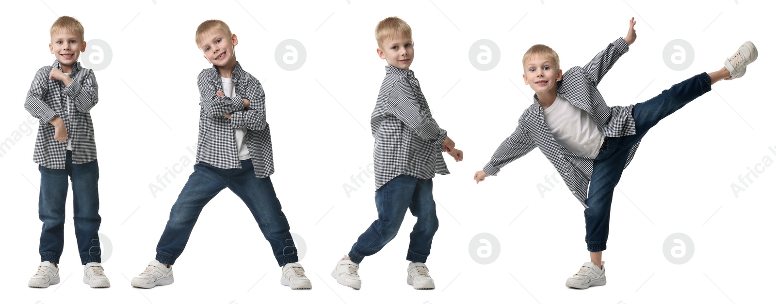 Image of Child dancing on white background, collage of portraits