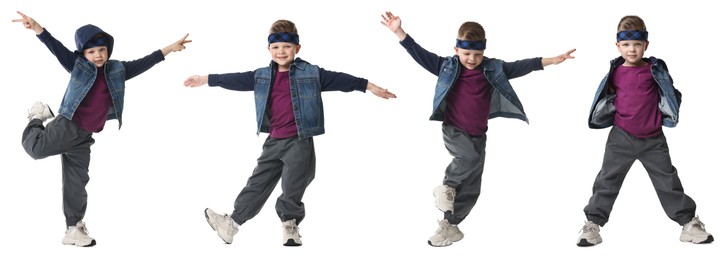 Child dancing on white background, collage of portraits