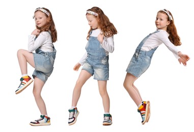 Child dancing on white background, collage of portraits