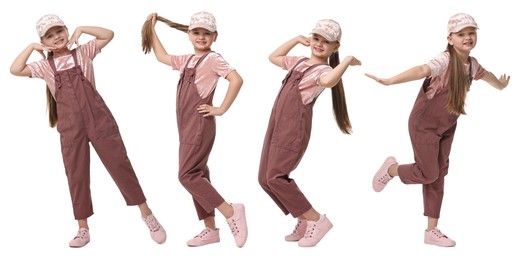 Image of Child dancing on white background, collage of portraits