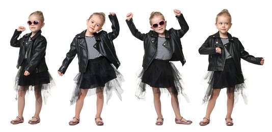 Child dancing on white background, collage of portraits