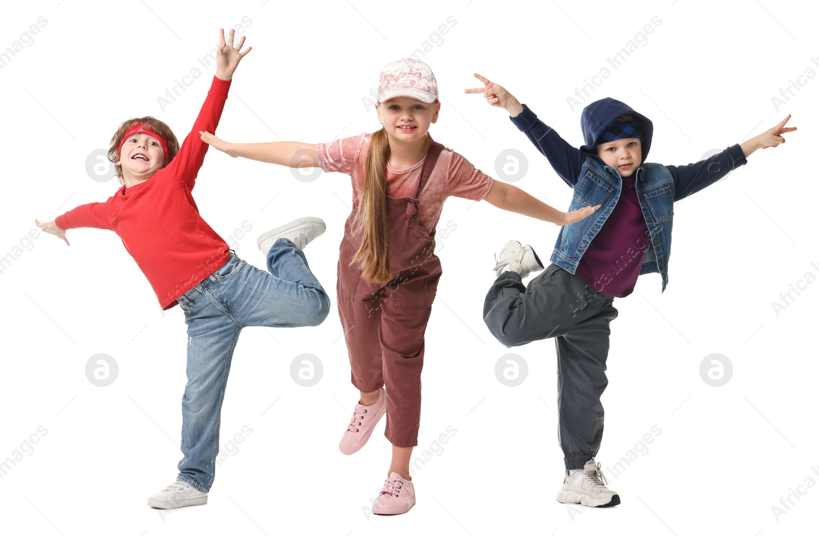 Image of Children dancing on white background, collection of portraits