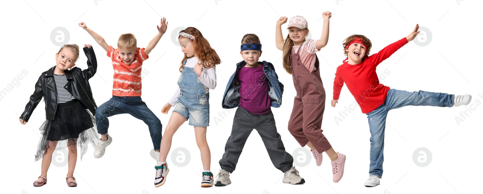 Image of Children dancing on white background, collection of portraits