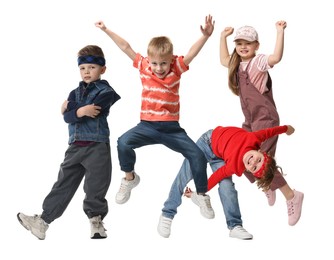 Children dancing on white background, collection of portraits