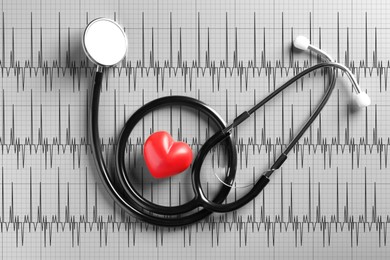 Image of Red decorative heart, stethoscope on electrocardiogram printout, top view