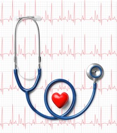 Image of Red decorative heart, stethoscope on electrocardiogram printout, top view