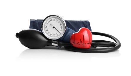 Image of Red decorative heart with electrocardiogram and blood pressure monitor on white background