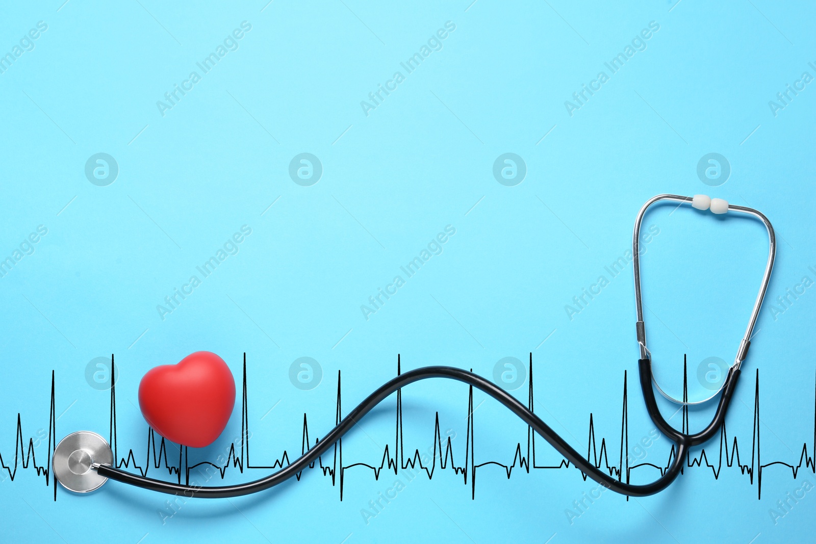 Image of Red decorative heart, stethoscope and electrocardiogram on light blue background, top view