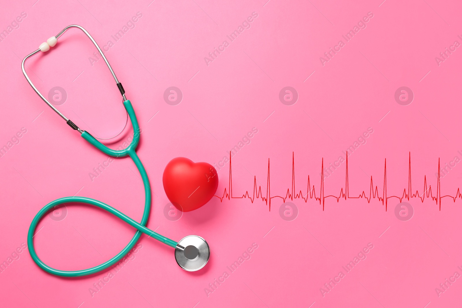 Image of Red decorative heart, stethoscope and electrocardiogram on pink background, top view