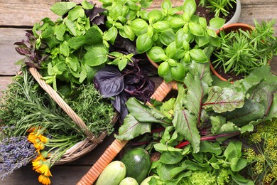 Different aromatic herbs and vegetables on wooden table, top view